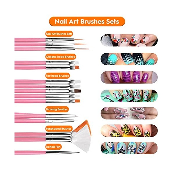 52 Pièces Kit de Nail Art, Nail Art Design Set avec 15 Brosse à Pinceaux, 5 Stylos Dotting, 4 Boîtes Ongles Strass, 18 Boîtes