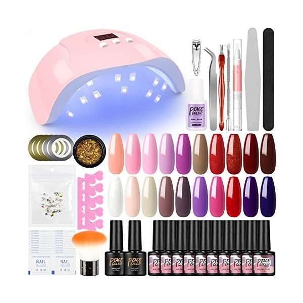 PEACECOLOR 36W Lampe Manucure Kit Ongle Gel 22PCS Vernis Semi Permanent 20Couleurs +2 Base et Top Coat , Kit Ongle Gel UV Com