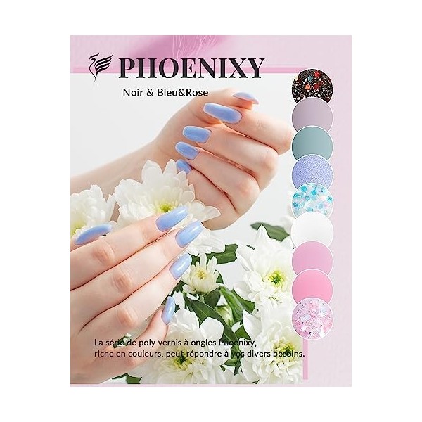 Phoenixy Poly Ongle Gel Kit 9 Couleurs Transparent Rose Pailleté Kit Ongle Gel UV Complet Professionnel Gel Poly pour Ongles 