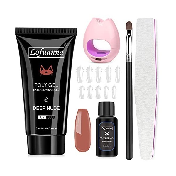 Lofuanna Kit Dextension Dongles en Poly Gel-30ML Deep Nu Gel Kit de Gel Poly avec lampe à ongles,brosse à ongles, kit de re