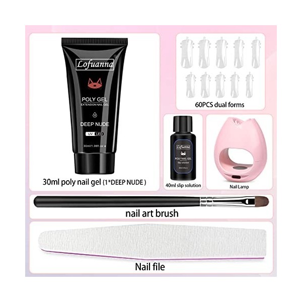 Lofuanna Kit Dextension Dongles en Poly Gel-30ML Deep Nu Gel Kit de Gel Poly avec lampe à ongles,brosse à ongles, kit de re