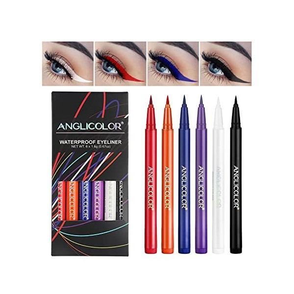 Anglicolor Eyeliner coloré 6 couleurs, Jeu deye liner liquide mat, stylo eyeliner néon imperméable longue durée, très pigmen