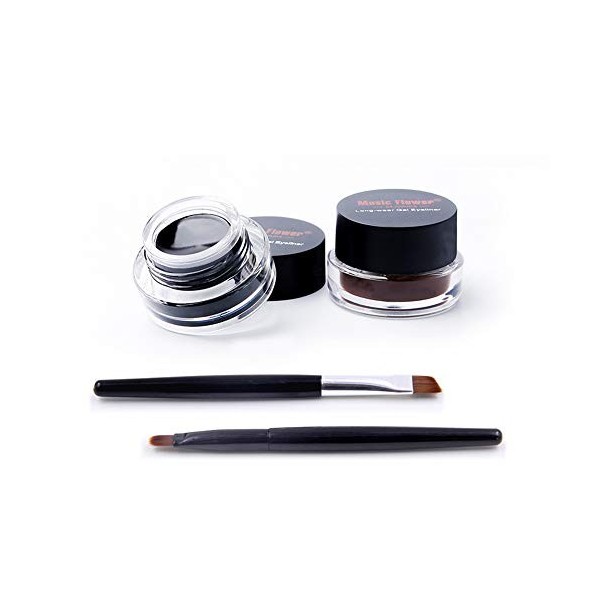 Music Flower Eyeliner, Gel EyeLiner Longue Durée Imperméable Noir et Marron Avec 2 Pinceaux, Facile à Appliquer Maquillage po