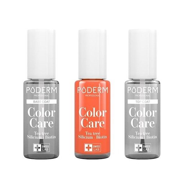 PODERM - LOT 3 PRODUITS | SOIN VERNIS PROFESSIONNEL COMPLET | Base Coat + Top Coat + Vernis Mangue TEA TREE | Prévention & Tr