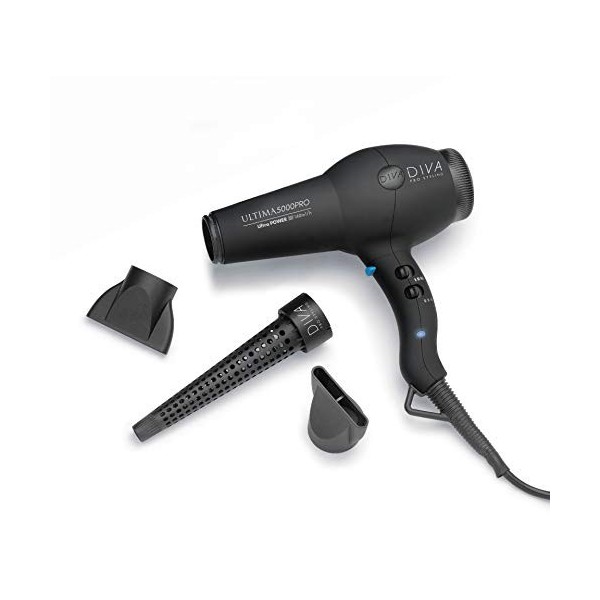 Diva Professional Ultima 5000 Pro Black Diva Sèche-cheveux professionnel avec moteur AC longue durée et embout étroit profess