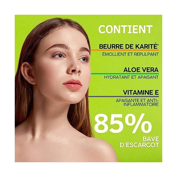 Creme Hydratante Visage à 85% Bave dEscargot, Vitamine E, Beurre de Karité, Acide Hyaluronique, Aloe Vera - Anti-Rides, Lift