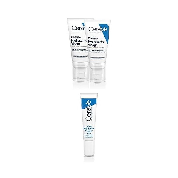 Lot de CeraVe Crème Hydratante Visage | 2 x 52ml | Crème Visage Hydratante 24h à lAcide Hyaluronique + CeraVe Crème Réparatr