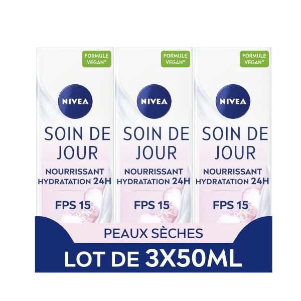 NIVEA Soin De Jour 24H Hydratant Nourrissant FPS15 lot de 3 x 50 ml , crème hydratante visage enrichie en beurre de karité, 