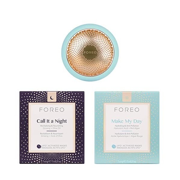 FOREO UFO 2 Appareil pour soins de la peau spa et connecté + Pack de 7 Call It A Night Masque Actif Ufo + Pack de 7 Make My D