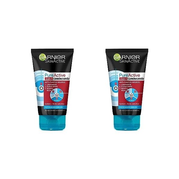 Garnier SkinActive - Nettoyant 3 en 1 Charbon Anti-Points Noirs Incrustés PureActive- 150 ml Lot de 2 