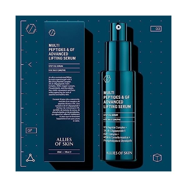 Allies of Skin Multi Peptides & GF Advanced Lifting Serum with 3% sh-Oligopeptide-1 Growth Factor Complex, 9% Lifting Pepti