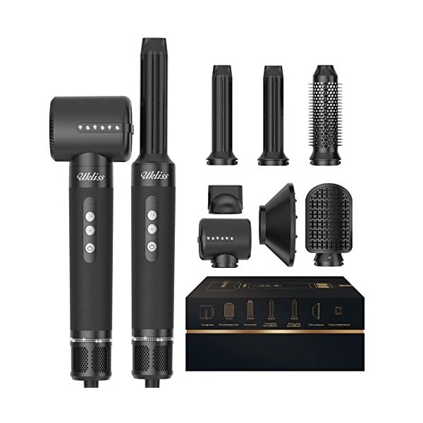 UKLISS Seche Cheveux 7 en 1, 2023 Nouveau Brosse Soufflante Set avec 7 Accessoires, Sécher, Boucler, Lisser, Donner du Volume