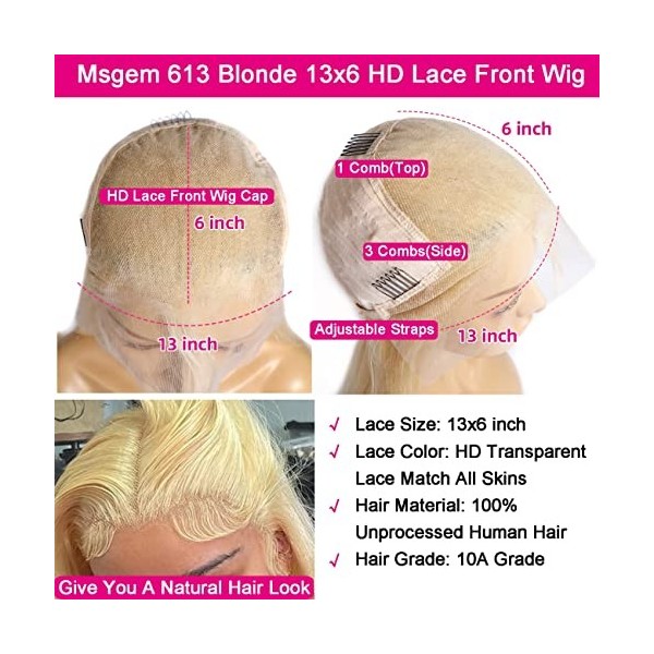 28 pouces 613 Blonde 13x6 Transparent Lace Front Wig Cheveux Humains Msgem Cheveux Raides Brésiliens Blonde HD Lace Front Per