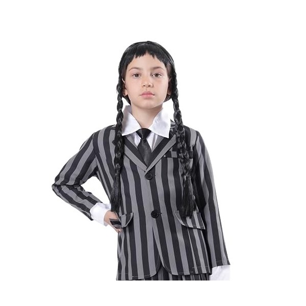 Perruque du Mercredi Addams Fille et Femme, Costume dHalloween de la Famille Addams, Perruque Tressée Noire avec Franges pou