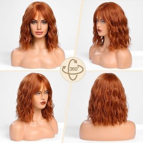 WOKESTAR Bob Perruque Bouclée avec Frange, Perruques Synthétiques Courtes Ondulées pour Femme Couleur Gingembre Rouge