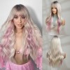 Esmee Longue perruque ondulée blonde avec reflets roses pour femmes Perruque ombrée aux cheveux synthétiques avec frange pour