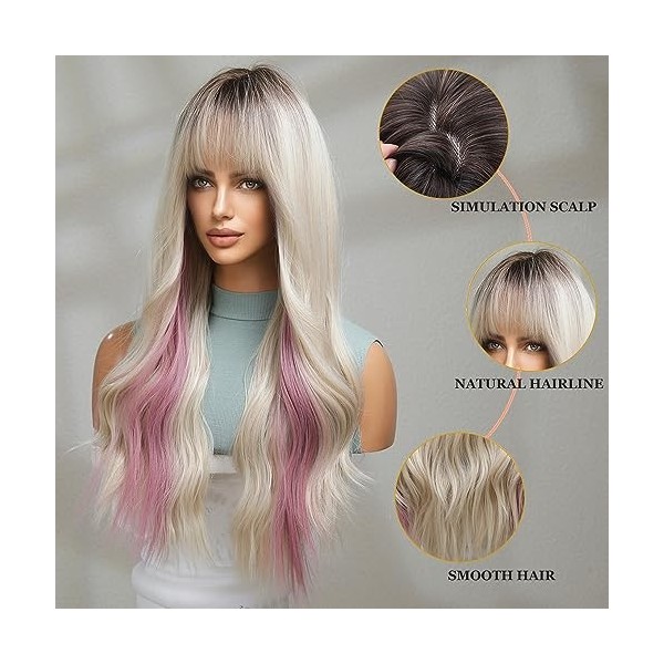 Esmee Longue perruque ondulée blonde avec reflets roses pour femmes Perruque ombrée aux cheveux synthétiques avec frange pour