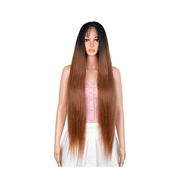 Joedir 91cm Lace Front Wig Super Long Light Yaki Straight Wigs Deeper Middle Part Perruque Synthétique Ombre Marron Cheveux C