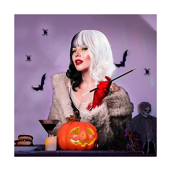 Perruque Noire et Blanche Perruques Halloween Femme Peruque Femme Naturelle avec Une Frange pour Cosplay de Fête dHalloween,