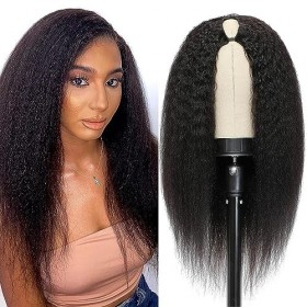 Kinky Straight V Part Wigs For Women Human Hair Full Head Clip In Half Yaki Human Hair Wig Non Lace Wig Beginner Friendly No 