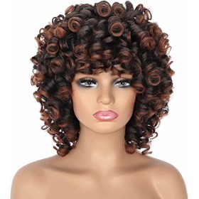 Perruque frisée courte pour femme noire Perruque afro shaggy brune Perruque frisée avec frange Perruque synthétique résistant