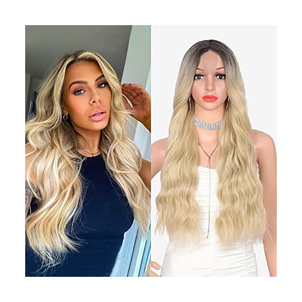 Olymei Perruque bouclée à bords longs de 66 cm pour femme - Cheveux synthétiques ondulés - Blond ombré - Avec raie centrale n