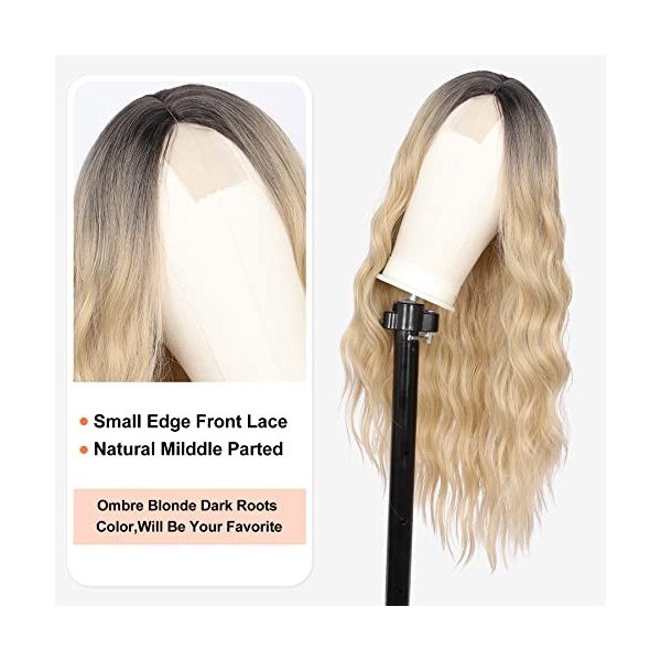 Olymei Perruque bouclée à bords longs de 66 cm pour femme - Cheveux synthétiques ondulés - Blond ombré - Avec raie centrale n