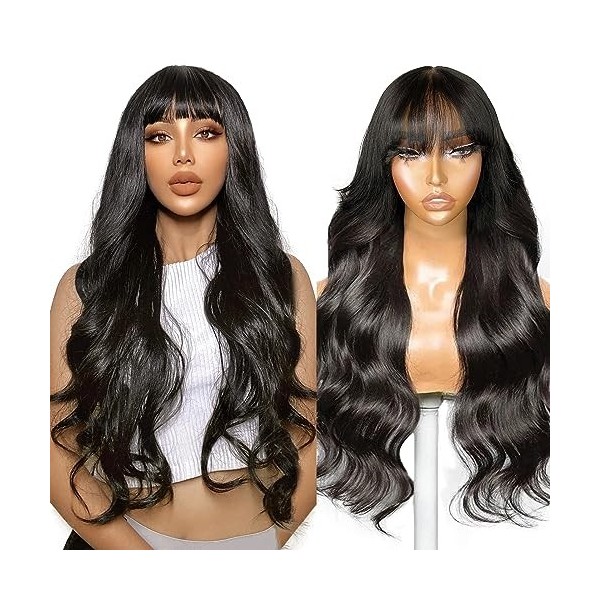 22 Pouce Perruque Femme Naturelle BréSilien, 180% Density Body Wave Human Hair Wig with Bangs, 2x4 Dentelle Perruque Sans Col