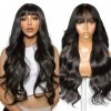 22 Pouce Perruque Femme Naturelle BréSilien, 180% Density Body Wave Human Hair Wig with Bangs, 2x4 Dentelle Perruque Sans Col