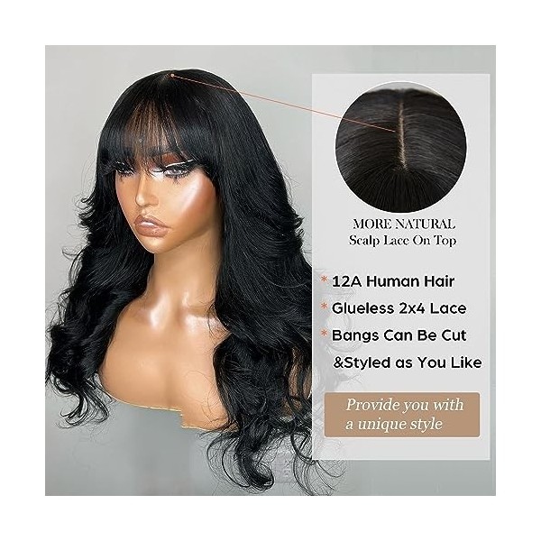 22 Pouce Perruque Femme Naturelle BréSilien, 180% Density Body Wave Human Hair Wig with Bangs, 2x4 Dentelle Perruque Sans Col