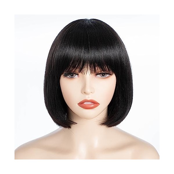 FASHION IDOL Bob perruque de cheveux humains avec frange pour les femmes noires court cheveux raides 20CM naturel noir sans c