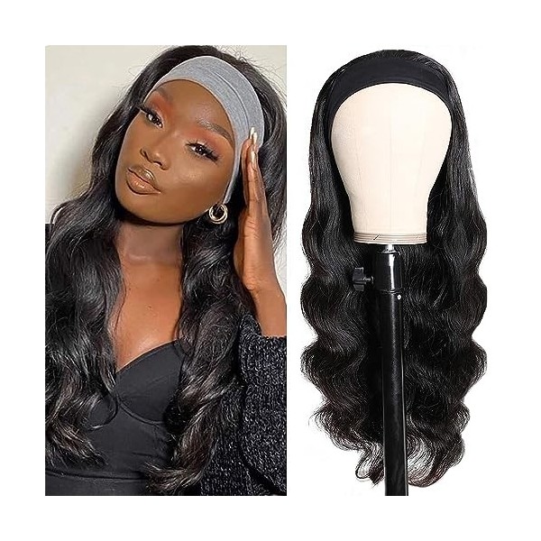 SHIHERESH 24 Pouces Body Wave Silk Headband Wigs， Long Curly Natural Black Synthetic Wigs Glueless None Lace Front Headband W