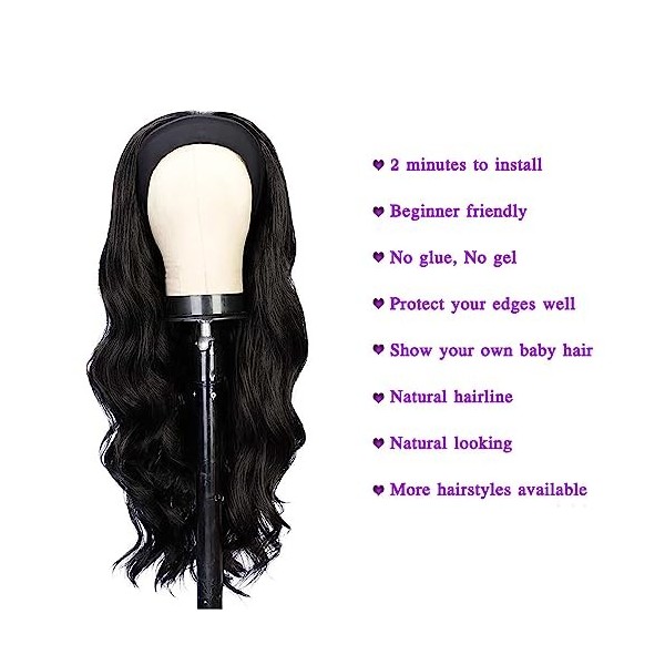 SHIHERESH 24 Pouces Body Wave Silk Headband Wigs， Long Curly Natural Black Synthetic Wigs Glueless None Lace Front Headband W