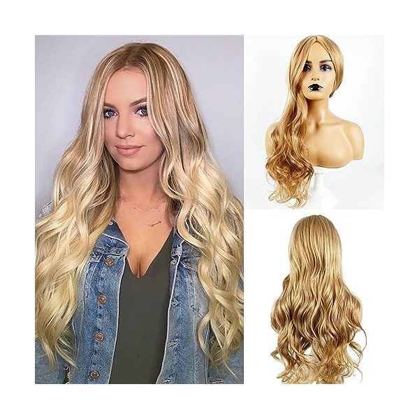 FENYW Perruques Ombré Blonde pour Femmes, 65cm Longue Vague Naturelle, Perruque Synthétique Résistante à la Chaleur Perruques