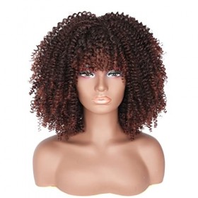 PORSMEER Perruque Femme Naturelle Afro Bouclée avec Frange Court afro kinky Cheveux Perruque Ombre brun foncé Synthétique Rés