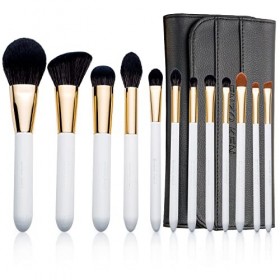 Set de 12 Pinceaux de Maquillage Professionnels en Poils de Chèvre Noirs Naturels par Luxury ENZO KEN avec Sac Enroulable, Bl