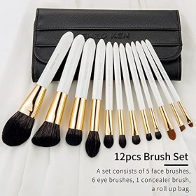 Set de 12 Pinceaux de Maquillage Professionnels en Poils de Chèvre Noirs Naturels par Luxury ENZO KEN avec Sac Enroulable, Bl