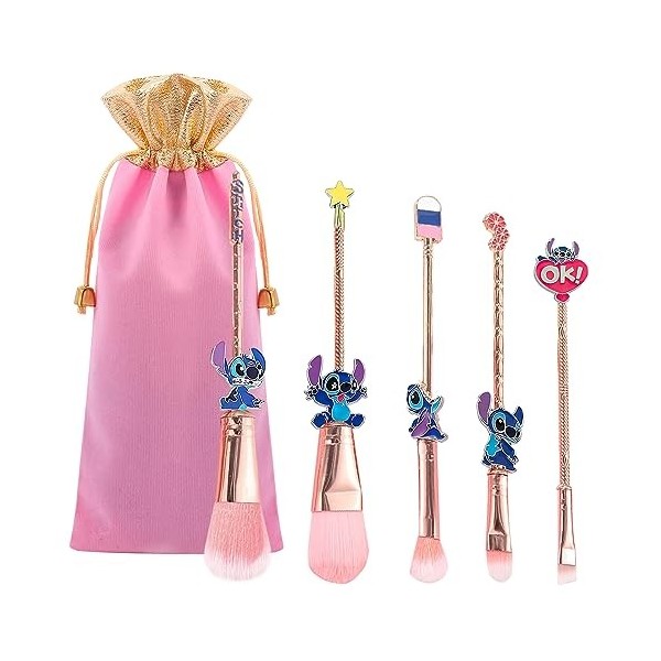 Lot de 5 pinceaux de maquillage portables avec sac de rangement, pinceaux cosmétiques sur le thème des points roses pour poud