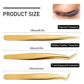 3 Pièces Pince Extension Cils, pince faux cils avec boîte, pinces professionnelles en acier inoxydable doré 