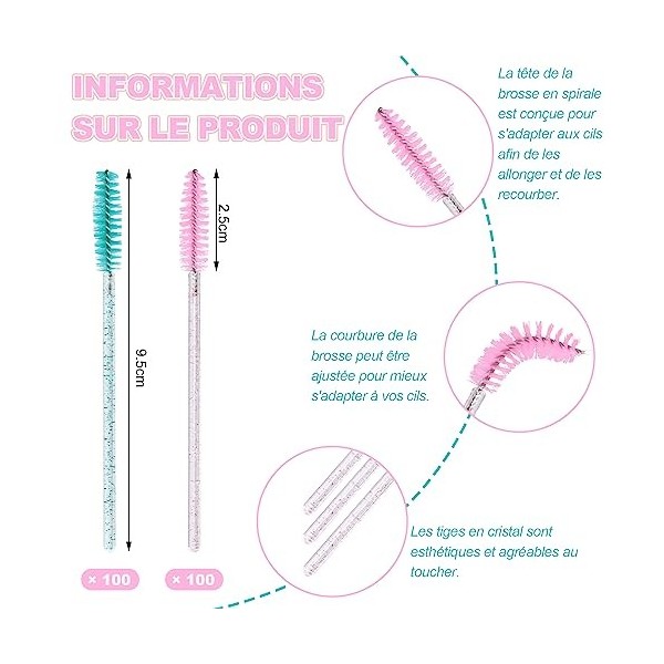 VEGCOO 200 Brosses à Cils Jetables, Goupillon Cils, Goupillon Cils Pinceau Cils avec Poignée en Cristal, Brosse à Sourcils, B