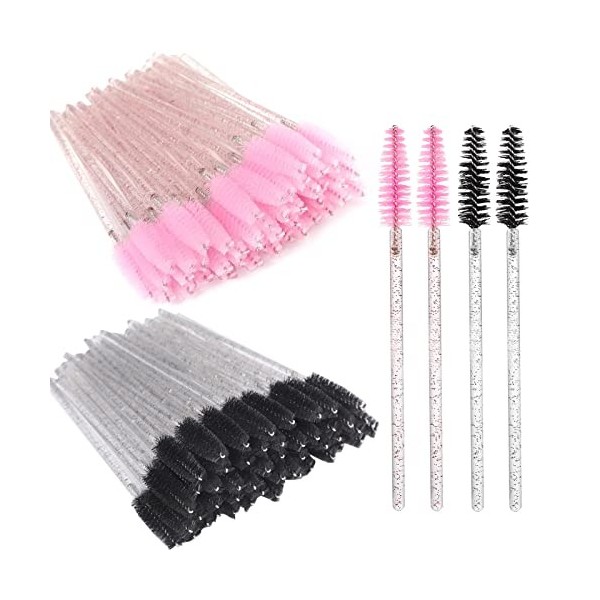 Lot de 100 Brosses à Cils Jetables, Goupillon Cils Pinceau Cils avec Poignée en Cristal, Applicateur Cils Brosse pour Maquill