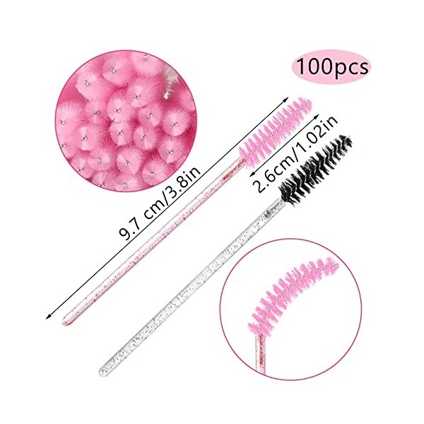 Lot de 100 Brosses à Cils Jetables, Goupillon Cils Pinceau Cils avec Poignée en Cristal, Applicateur Cils Brosse pour Maquill