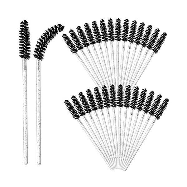 Lot de 50 Brosses à Cils Jetables, Pinceau Cils avec Poignée en Cristal, Goupillon à Cils Plastique, Applicateur Cils Brosse 