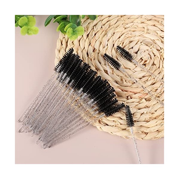 Lot de 50 Brosses à Cils Jetables, Pinceau Cils avec Poignée en Cristal, Goupillon à Cils Plastique, Applicateur Cils Brosse 