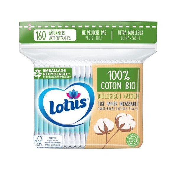 Lotus Coton-Tiges en Papier et Coton Bio - Sachet 160 Bâtonnets