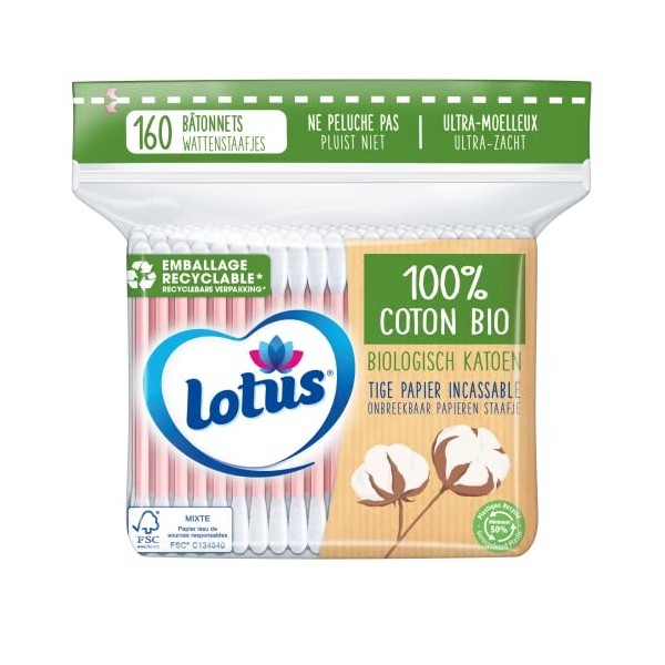 Lotus Coton-Tiges en Papier et Coton Bio - Sachet 160 Bâtonnets