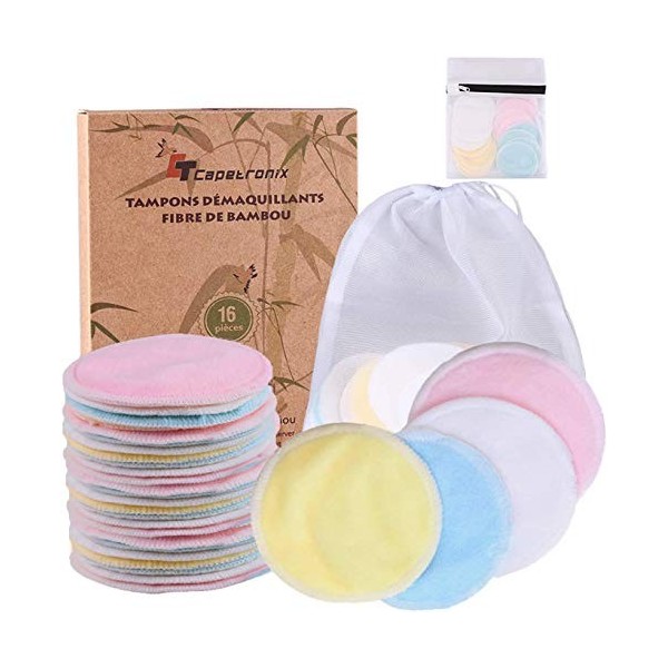 Tampons Démaquillants fibre de bambou丨disques coton demaquillant lavable丨16pcs+ 2 Sac de lavage丨Matériau en fibre de bambou s