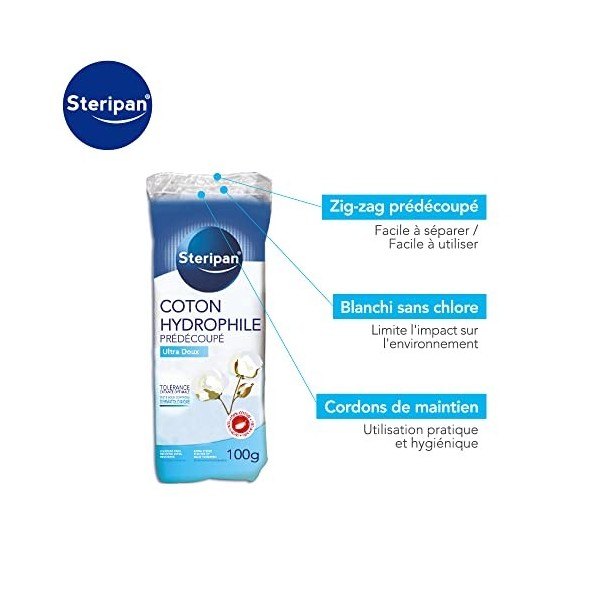 Steripan - Coton Hydrophile Dermatologique Prédécoupé - Ultra Doux - Tolérance Cutanée Optimale - 100% coton - Testé Sous Con