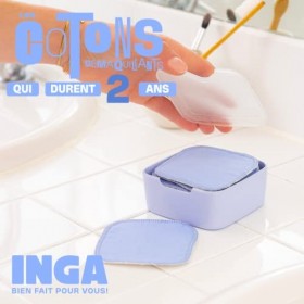 INGA - Cotons Démaquillants Lavables TOUT DOUX - 100% Coton Bio - 7 Cotons avec Étui Format Voyage - Extrême Douceur Sans All