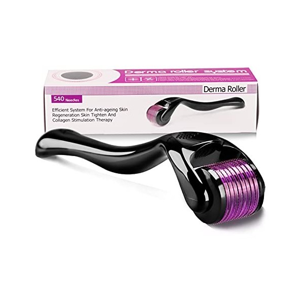 Derma Roller 1mm - 540 micro-aiguilles en titane - Pour la régénération de la peau, les soins du visage, stimuler la repousse